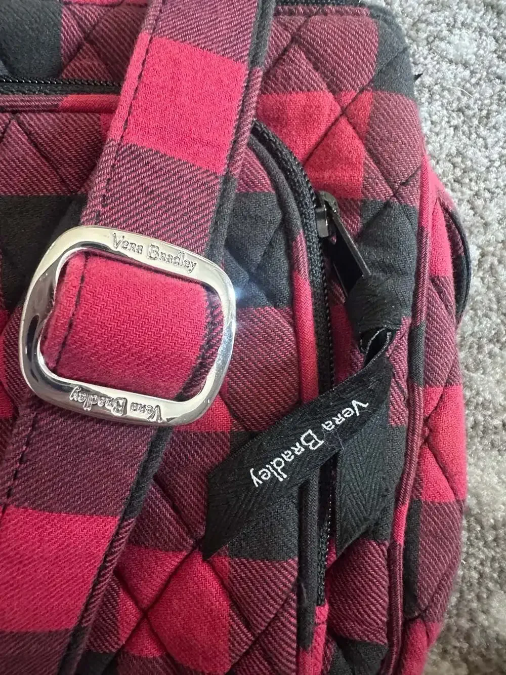 Vera Bradley Red And Black Buffalo Check Quilted Crossbody Bag 7”x10”W